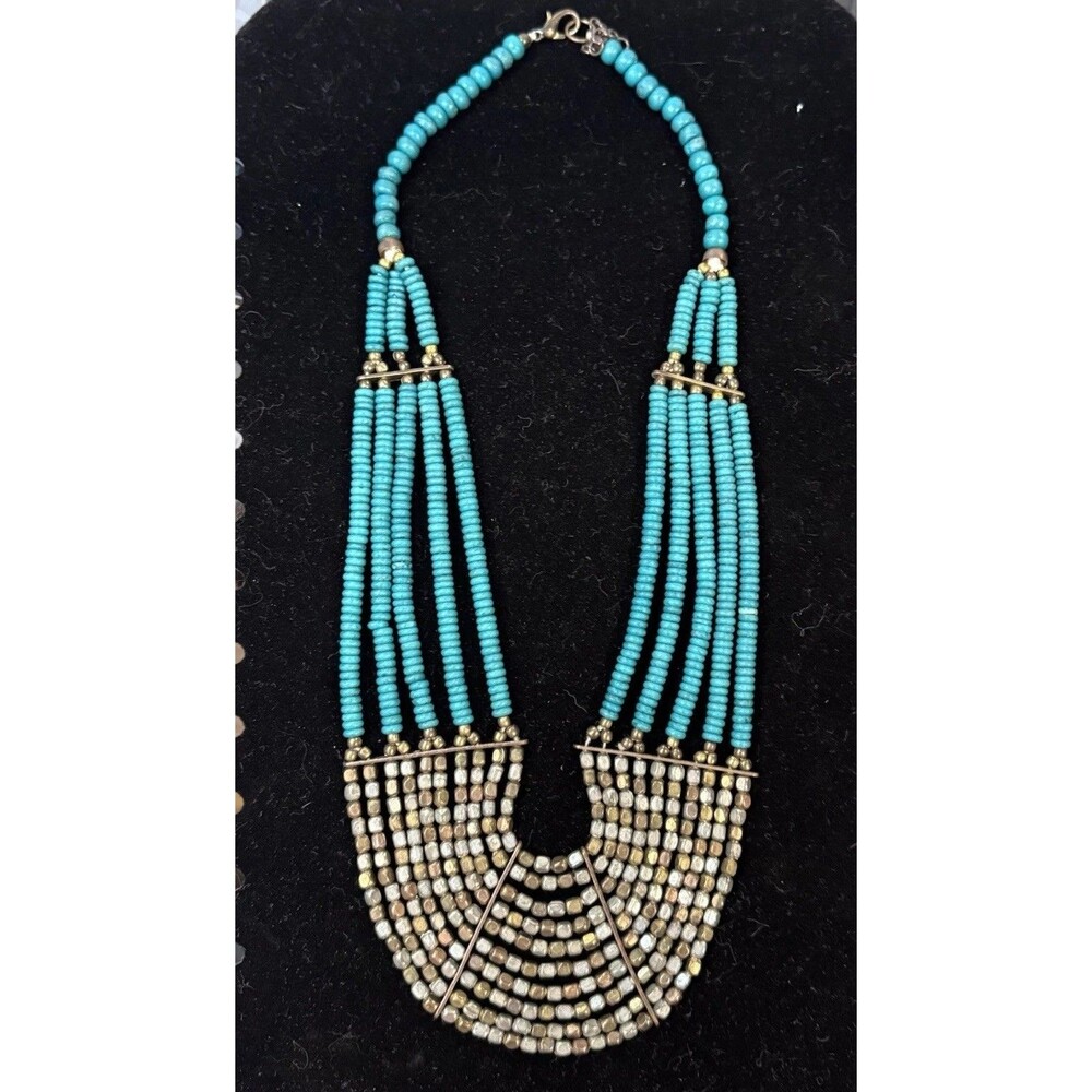 Multi Layered Metal Bead Turquoise Color Bead Bib Necklace 18.5”